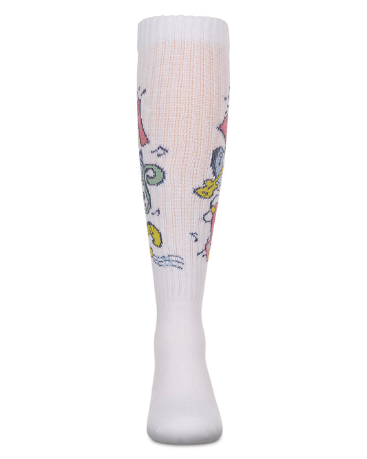 Girls Ribbed Cotton Blend "Graffiti Music" Knee Sock : Color: White