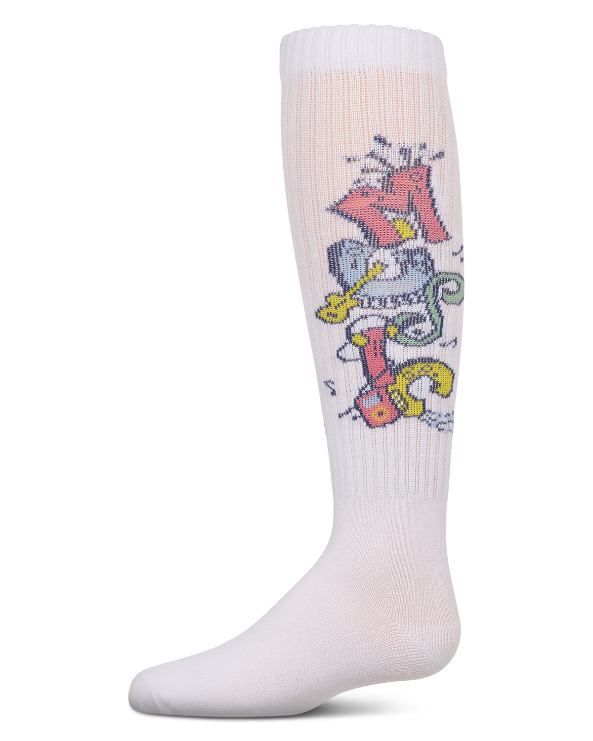 Girls Ribbed Cotton Blend "Graffiti Music" Knee Sock : Color: White