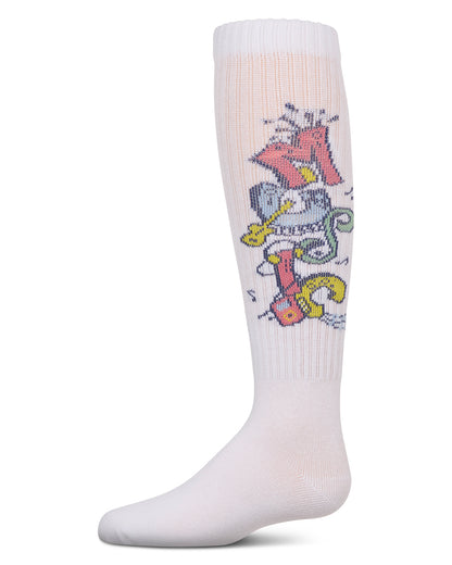 Girls Ribbed Cotton Blend "Graffiti Music" Knee Sock : Color: White