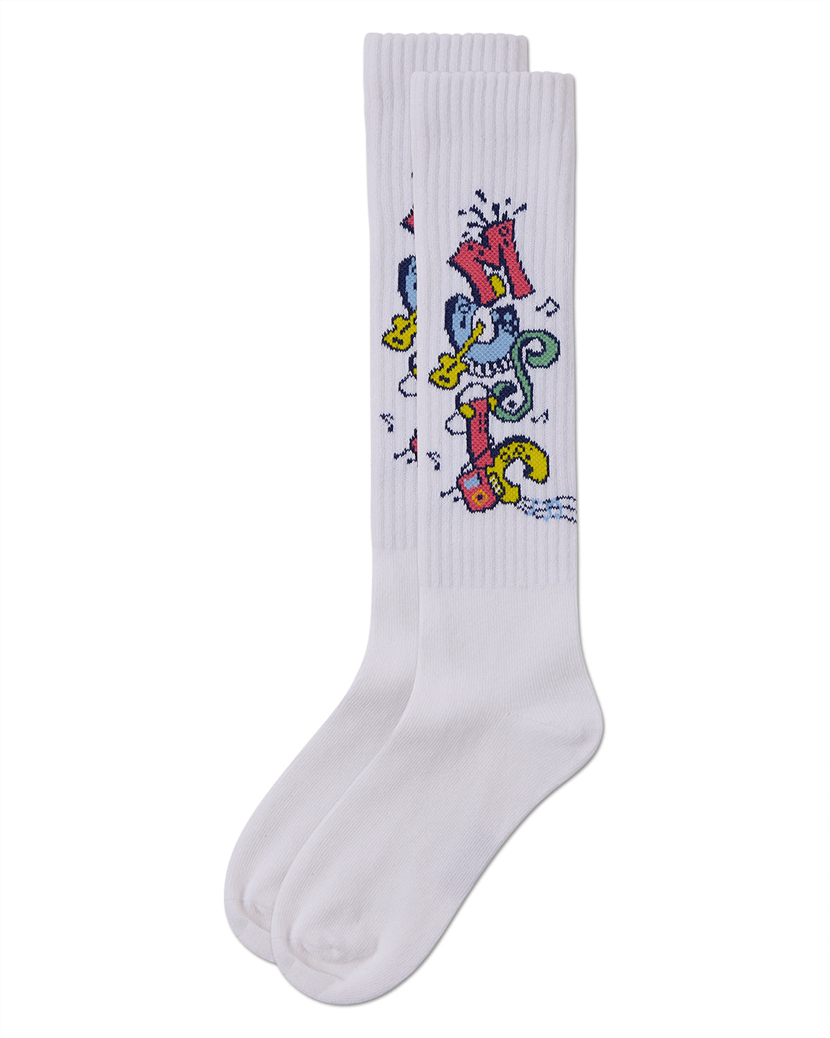 Girls Ribbed Cotton Blend "Graffiti Music" Knee Sock : Color: White