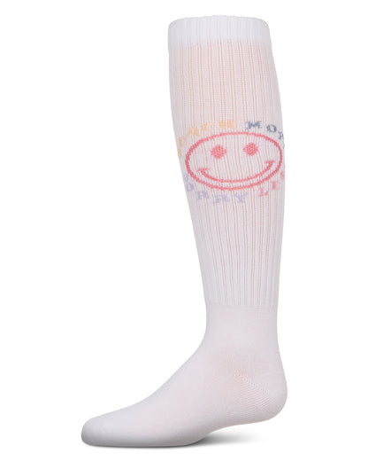 Girls Ribbed Cotton Blend "Beach More, Worry Less" Knee Sock : Color: White