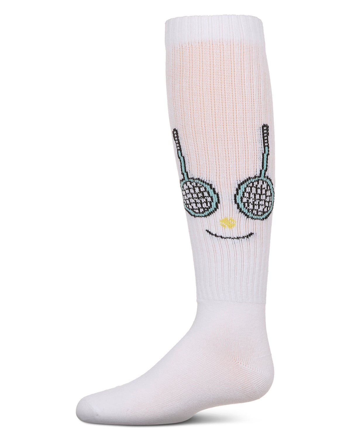 Girls Ribbed Stretch Cotton "Tennis Smiley Face" Knee Sock : Color: White