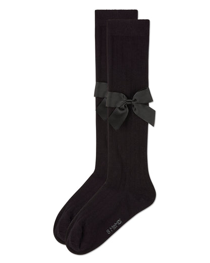 Girls Ribbed Stretch Cotton Bow Trim Knee Sock : Color: Black