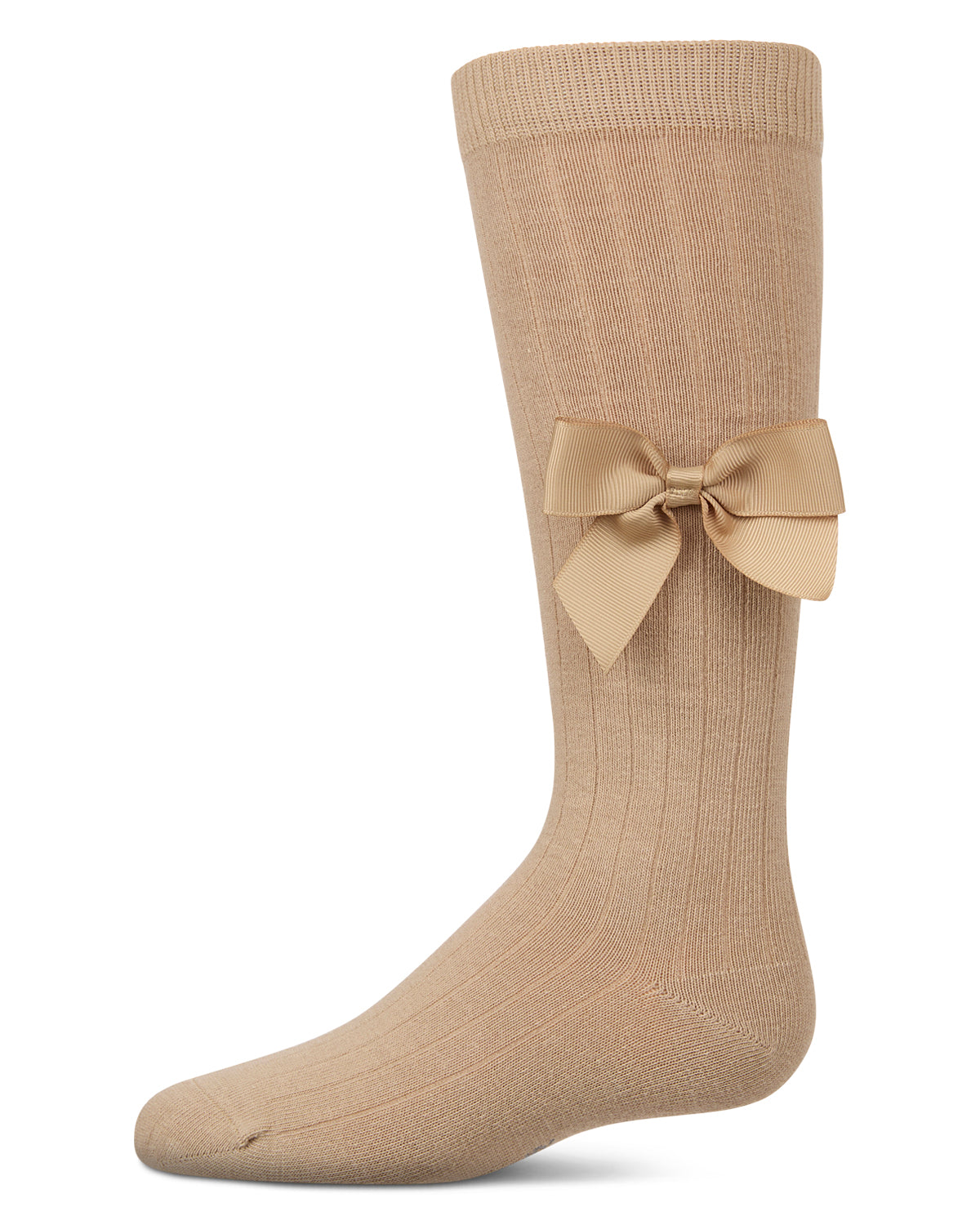 Girls Ribbed Stretch Cotton Bow Trim Knee Sock : Color: Tan