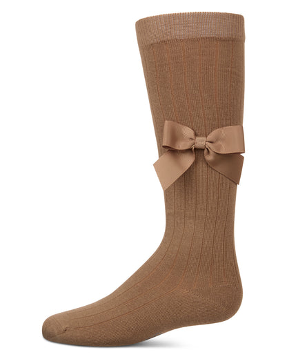 Girls Ribbed Stretch Cotton Bow Trim Knee Sock : Color: White