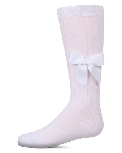 Girls Ribbed Stretch Cotton Bow Trim Knee Sock : Color: Winter White