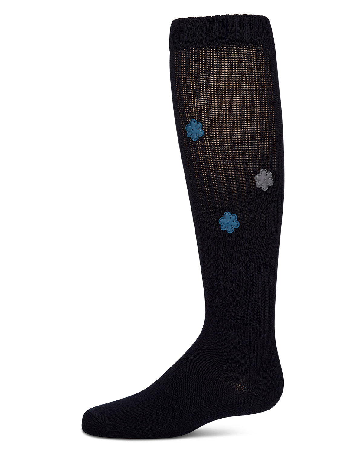 Girls Ribbed Cotton-Rich Knee High Sock with 3D Rubber Flower Accents