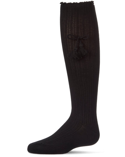 Girls Cotton-Rich Tassle-Bow-Trimmed Lettuce Edge Knee High Sock