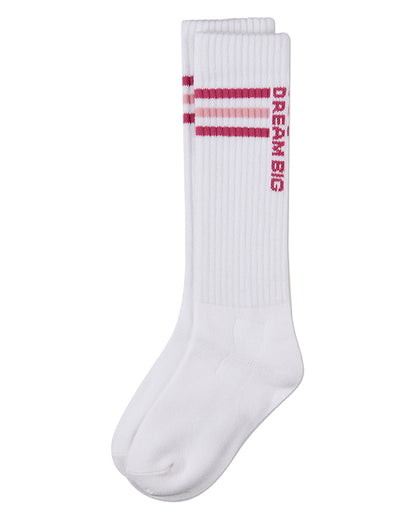 Girls "Dream Big" Triple-Stripe Cotton-Blend Ribbed Varsity Knee Sock