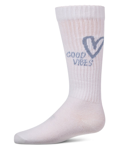 Girls "Good Vibes Heart" Ribbed Cotton Blend Knee High Sock