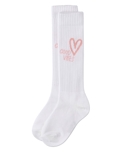 Girls "Good Vibes Heart" Ribbed Cotton Blend Knee High Sock