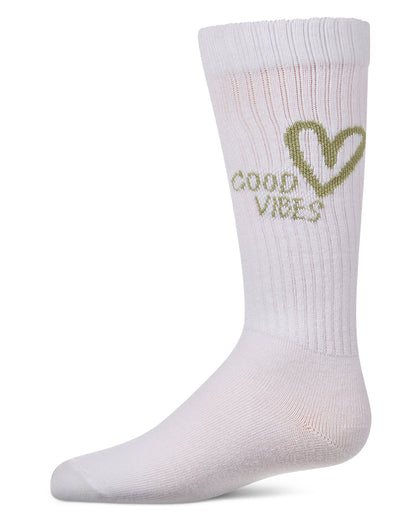 Girls "Good Vibes Heart" Ribbed Cotton Blend Knee High Sock
