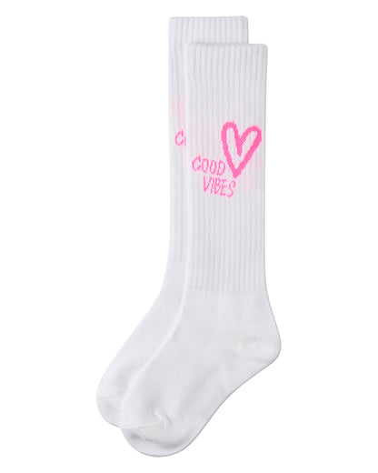 Girls "Good Vibes Heart" Ribbed Cotton Blend Knee High Sock
