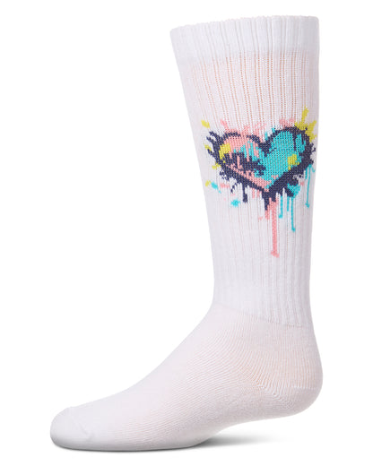 Girls Colorful "Splatter Heart" Ribbed Cotton-Blend Knee High Sock