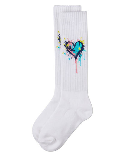 Girls Colorful "Splatter Heart" Ribbed Cotton-Blend Knee High Sock