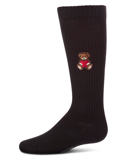 Girls Ribbed Cotton-Rich Knee High Sock with Embroidered Teddy Bear