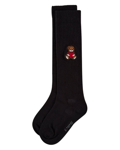 Girls Ribbed Cotton-Rich Knee High Sock with Embroidered Teddy Bear