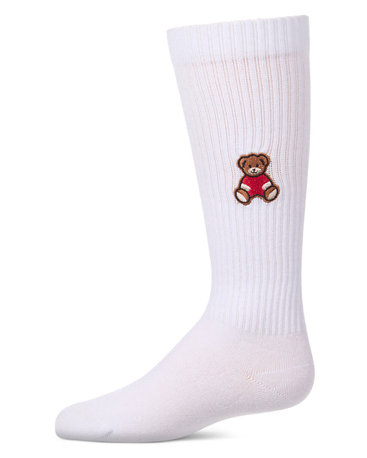 Girls Ribbed Cotton-Rich Knee High Sock with Embroidered Teddy Bear