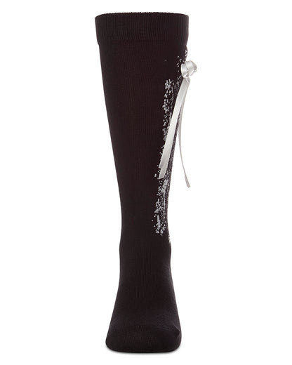 Girls Cotton-Rich Knee High Sock with Metallic Drip Design and Satin Bow