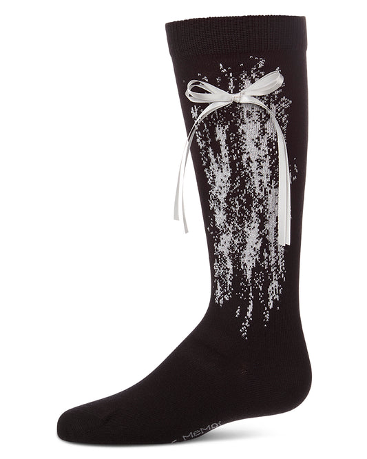 Girls Cotton-Rich Knee High Sock with Metallic Drip Design and Satin Bow
