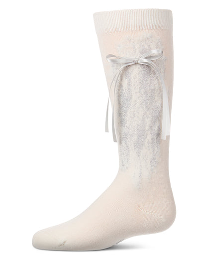 Girls Cotton-Rich Knee High Sock with Metallic Drip Design and Satin Bow