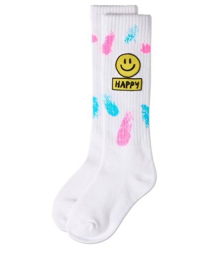 Girls "Happy Face" Cotton-Blend Knee High Sock with Splatter Graphics