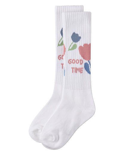 Girls "Good Time" Cotton-Blend Floral-Trim Novelty Knee High Sock