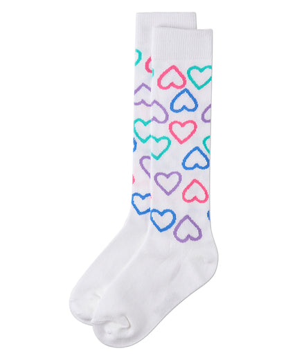 Girls All-Over Heart-Themed Cotton-Rich Mini-Ribbed Knee High Sock