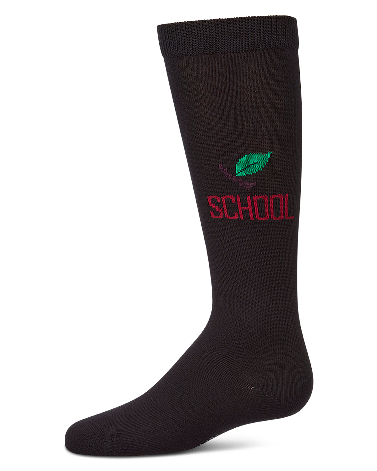 Black knee-high sock with subtle pattern on a white background