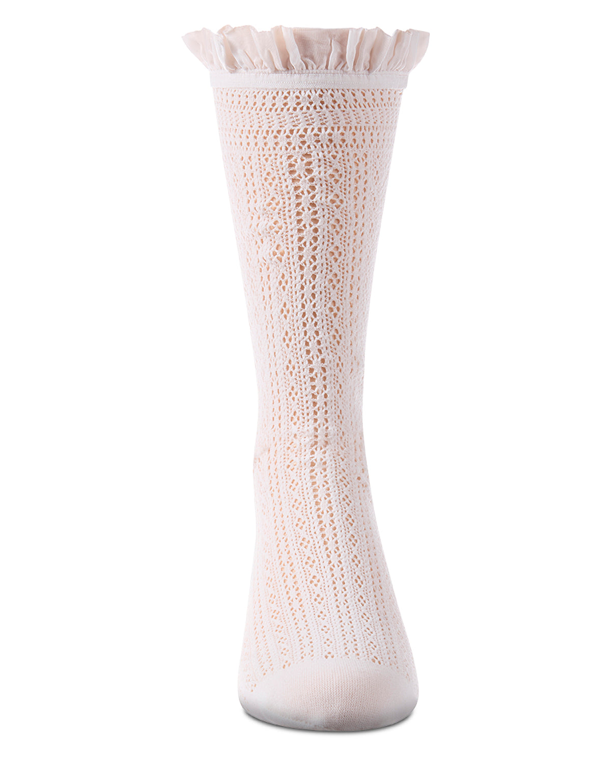 White knitted sock with ruffled top on a white background