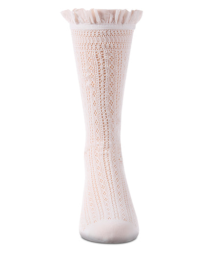White knitted sock with ruffled top on a white background