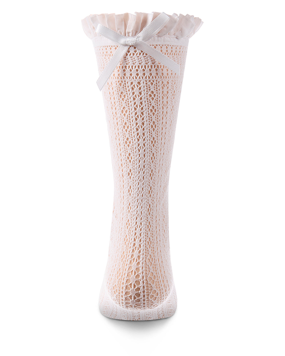 White knee-high sock with lace top on a white background