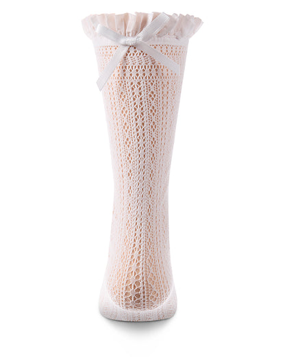 White knee-high sock with lace top on a white background