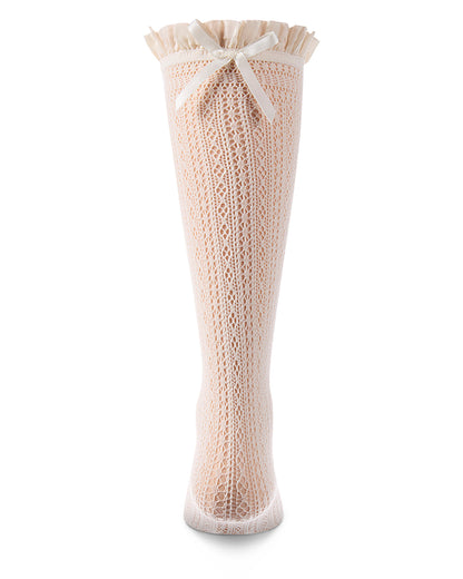 Knitted knee-high sock with lace trim on a white background