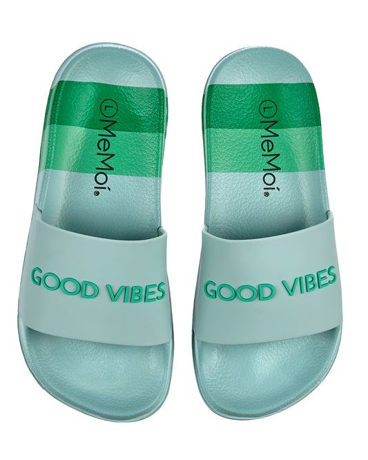 Girls Striped Super-Soft "Good Vibes" Slide Sandal : Color: Seafoam Green
