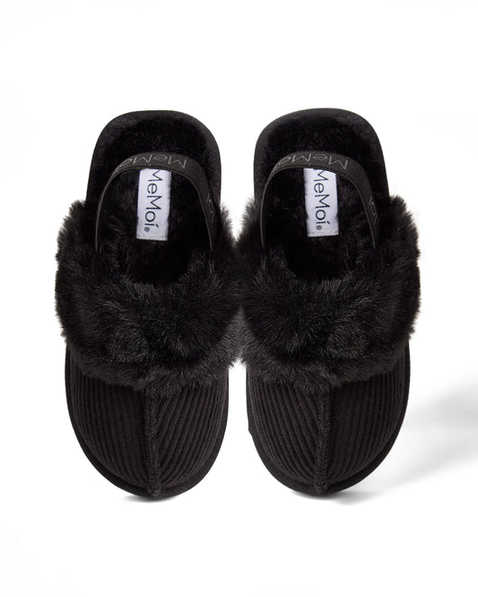 Girls Corduroy Microfiber & Fluffy Faux Fur Slipper Slide