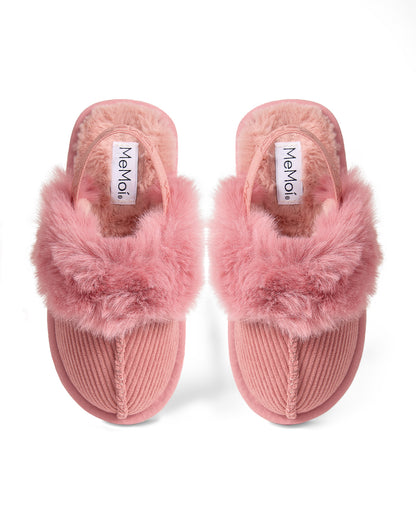 Girls Corduroy Microfiber & Fluffy Faux Fur Slipper Slide