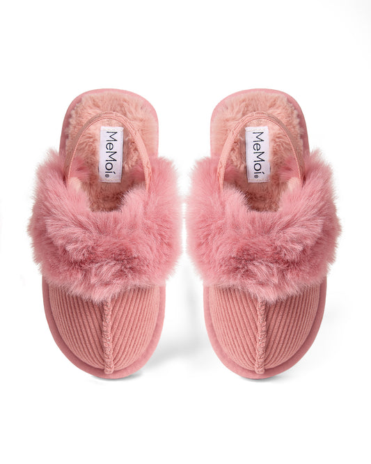Girls Corduroy Microfiber & Fluffy Faux Fur Slipper Slide