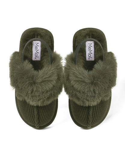 Girls Corduroy Microfiber & Fluffy Faux Fur Slipper Slide