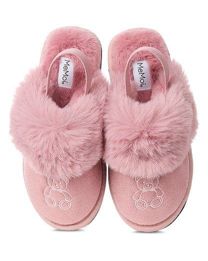 Kids Vegan Suede Sherpa-Lined Slide Slippers with Embroidered Teddy Bear