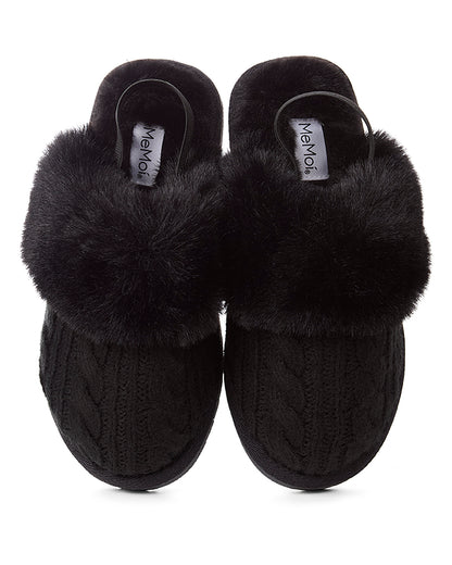 Kids Cable-Knit Slide Slippers with Faux Fur Cuff and Lining