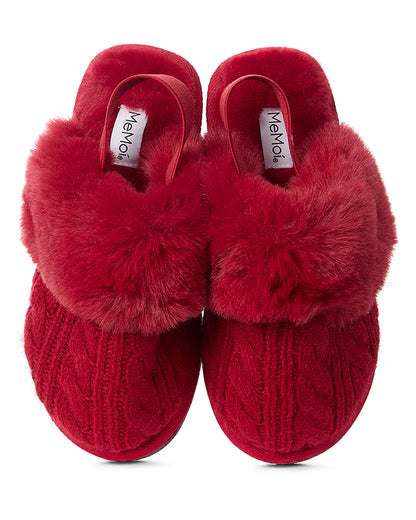Kids Cable-Knit Slide Slippers with Faux Fur Cuff and Lining