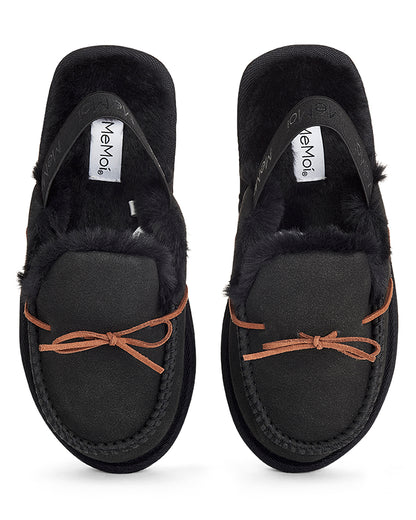 Kids Bow-Trim Microsuede Moccasin Slide Slippers with Faux-Fur Lining