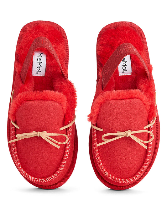 Kids Bow-Trim Microsuede Moccasin Slide Slippers with Faux-Fur Lining