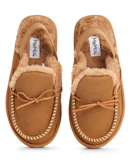 Kids Bow-Trim Microsuede Moccasin Slide Slippers with Faux-Fur Lining