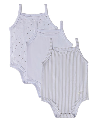 3 Pack Baby Cotton / Modal Bodysuits - Petite Leaves, Stripes, Solid