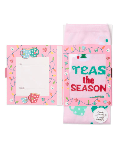 Women's "Teas The Season" Christmas Novelty Sock with Greeting Card : Color: Hot Pink