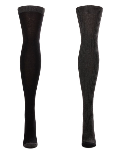 2 Pair Women's Ultra-Soft Ribbed and Side Cable Over the Knee Socks : Color: Dark Gray Heather