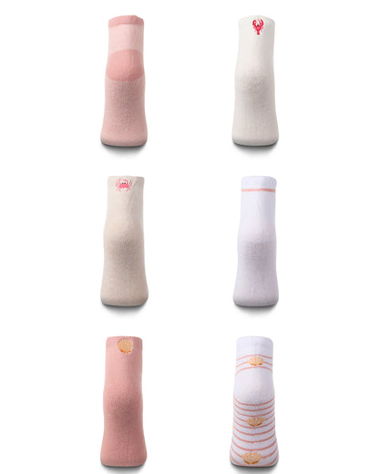 6 Pair Women's "Crab and Shell" Embroidered Half-Cushion Low Cut Socks