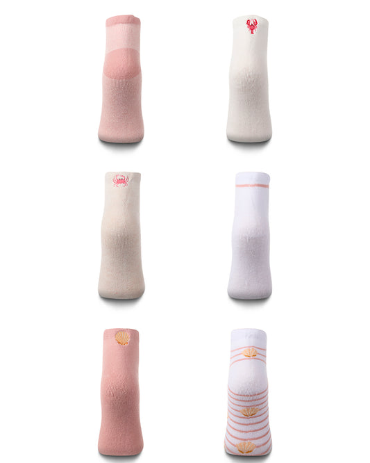 6 Pair Women's "Crab and Shell" Embroidered Half-Cushion Low Cut Socks